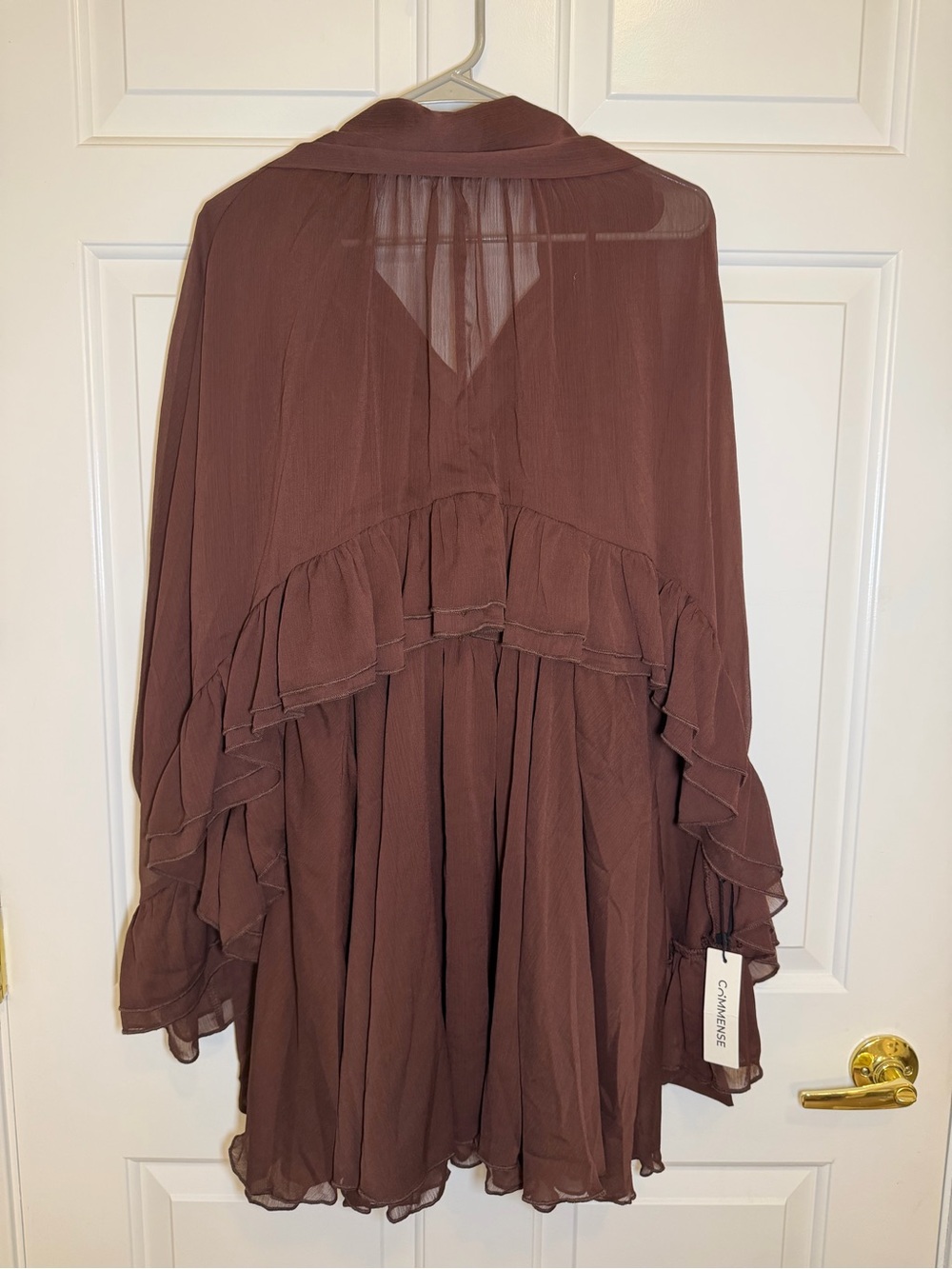 Commense Brown Semi-Sheer Chiffon Ruffled Dress w/ Outer Cape